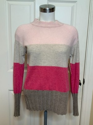 Kinross Pink Gray Color Block 100% Cashmere Mock Neck Sweater, Size Medium