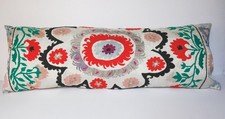 Ethnic Suzani Lumbar Cushion , Authentic Embroidered Vintage bedding pillow,