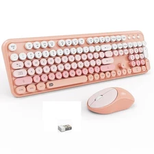 Pink Wireless Keyboard and Mouse Combo 105 Round Keys Full-Size Retro Set