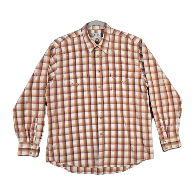 Ryan Michael Silk Blend Western Pearl Snap Shirt Orange Cream Plaid Men's Large