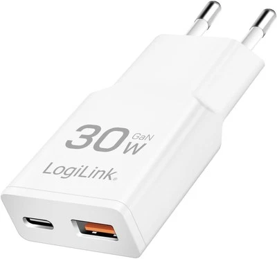 LOGILINK USB-C Netzteil Lagegerät 30W GaN PD Schnelllader Type C Schnellladegerät 2 Port