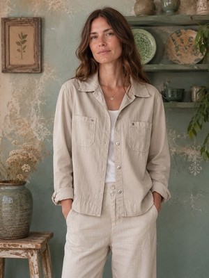 Fresh Produce Vintage Tan Khaki Women Button Down Utility Jacket Cotton Sz L USA