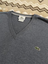 Lacoste Mens Gray V-Neck Knit Pullover Sweater Long Sleeve Solid Size 9 Cotton