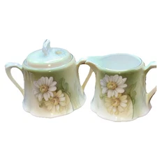 Antique RS Germany Creamer And Sugar Bowl Set Handpainted Art Nouveau Floral 