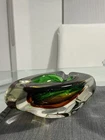 Vintage Murano Art Glass Ashtray Green Gold Heavy 8 x 5 Inches
