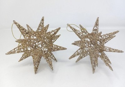 Large Star Ornament Figure Lot Of 2 Metal Wire 3D Gold Glitter 5''