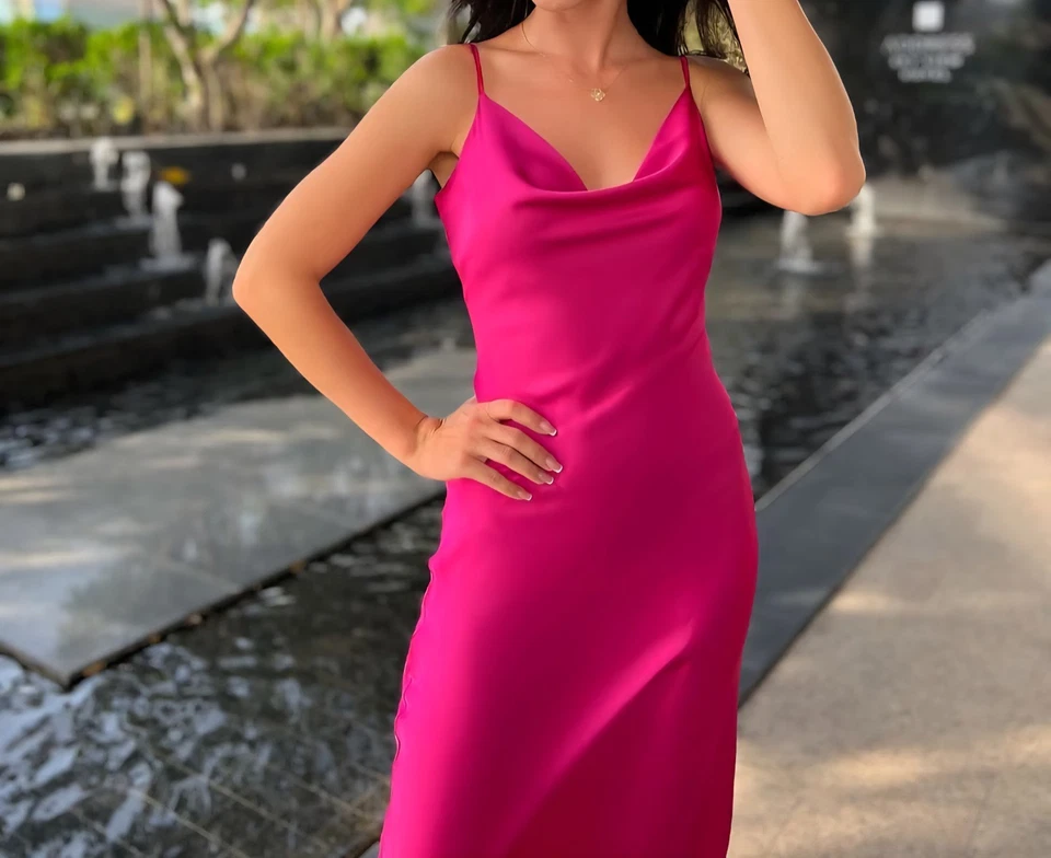 Шелковое коктейльное платье фуксия цвет размер 4-6 резинке покроя - Изображение 2 из 4