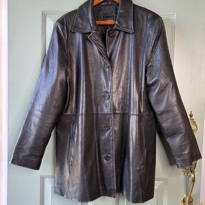 Colebrook Women's XL Black Leather Jacket Mid Length Car Coat Retro Shabby  Chic