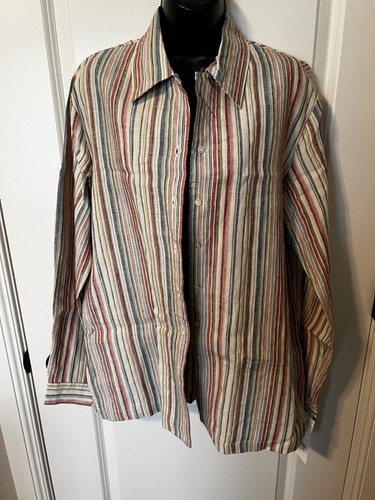 MANTEAUX TUNIQUE LIN NEUF AVEC ÉTIQUETTES VESTE CHEMISIER 50 $ CHEMISE 12 L GRIS IVOIRE RAYURES ORANGE - Photo 1/5