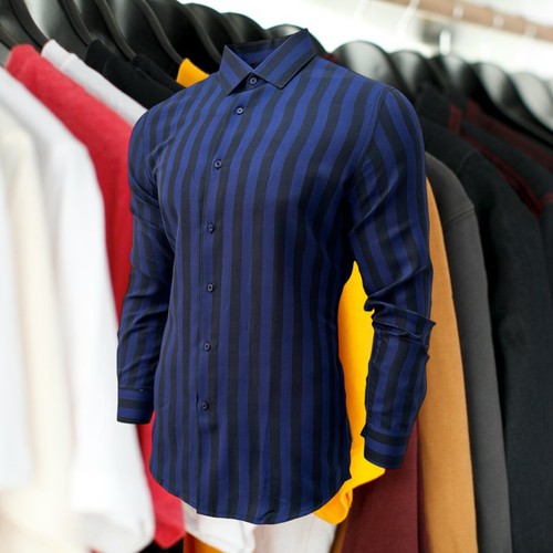 Blue Slim Fit Long Sleeve Shirt Striped Shirt Casual work office Wear Dark Blue - 第 14/14 張圖片