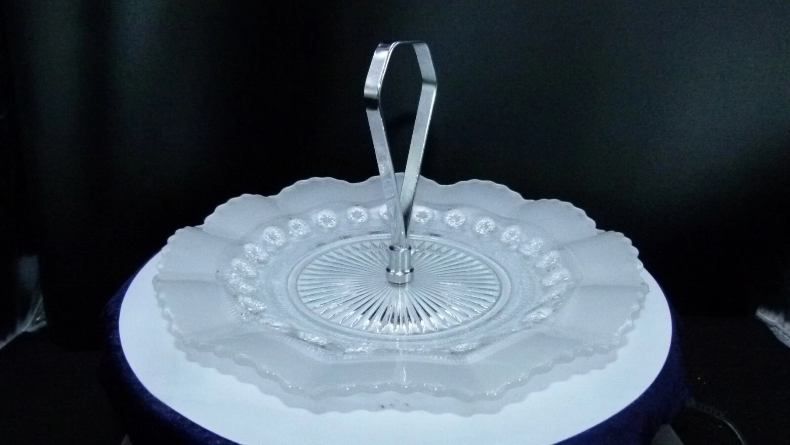 Vintage pressed frosted and clear glass sandwich ruffle edge plate with handle