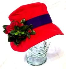 Red Hat Society Xmas Caroler Red Linen Purple Ribbon w Flower Dickens VTG 1930s