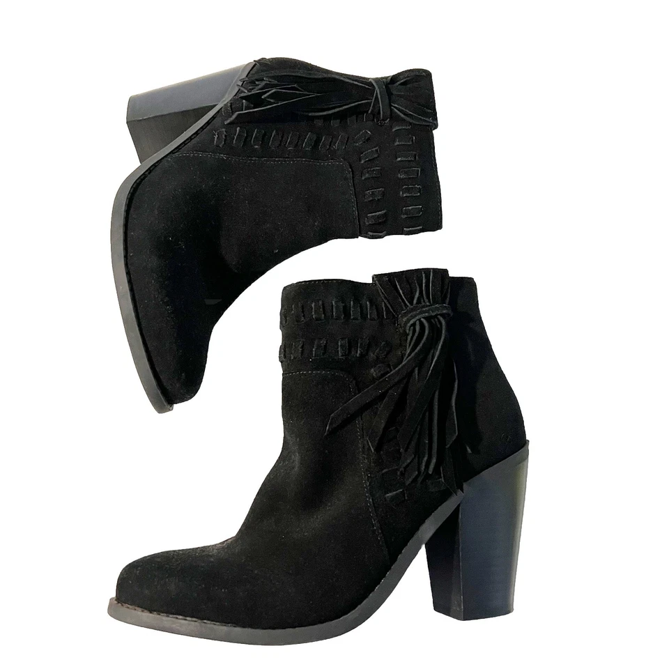 Jessica Simpson Gamuza Western Boho Flecos Borla Botines Negros Talla 7.5 Foto 2 de 4