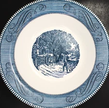 C1950 Currier & Ives Royal Blue Vegetable Serving Bowl Sweet Home Replacement