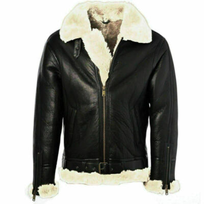 Aviator Fur B3 Bomber Black Real Leather Jacket Genuine Sheepskin For Mans