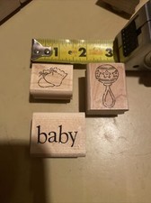 Lot Of Wood Rubber Stamps BABY SHOWER BOOTIES RATTLE New
