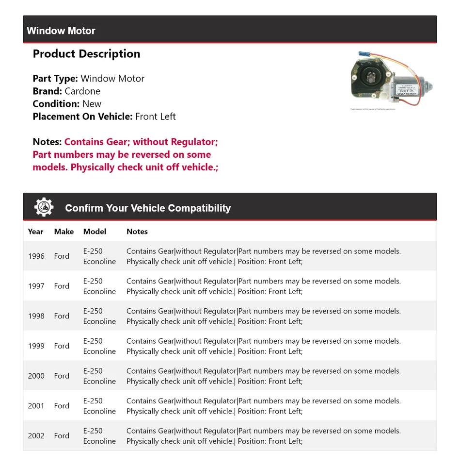 For 1996-2002 Ford E-250 Econoline Window Motor Front Left Cardone 1997 1998 - Image 2 of 4