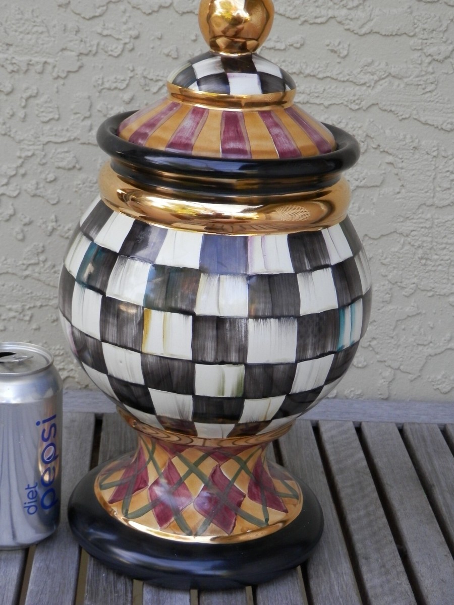 Mackenzie Childs Courtly Check Argyle Globe Canister Damaged Lid