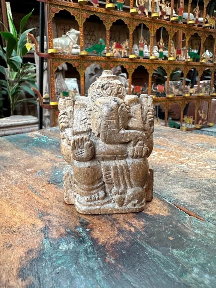 Antigua figura de madera rara anterior a 1850 del dios hindú Ganesha 3,5 x 2,5" Foto 2 de 4