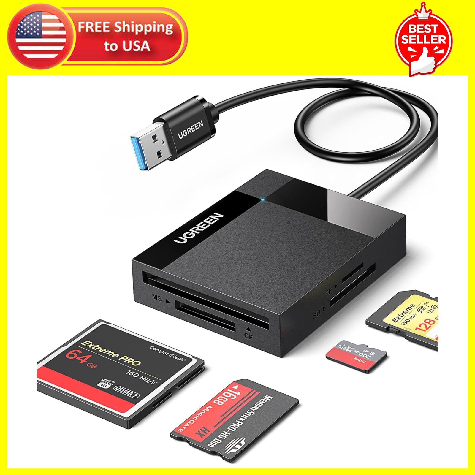 USB 3.0 SD Card Reader - 5Gbps High-Speed 4-in-1 Hub Adapter Black  -image