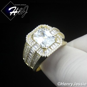 Authentic 925 STERLING SILVER BLING BAGUETTE CZ GOLD PLATED RECTANGE RING SIZE 7-12*GR238