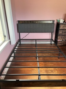 Full Metal Bed Frame w/ Upholstered Fabric Gray Headboard & Wooden Shelf