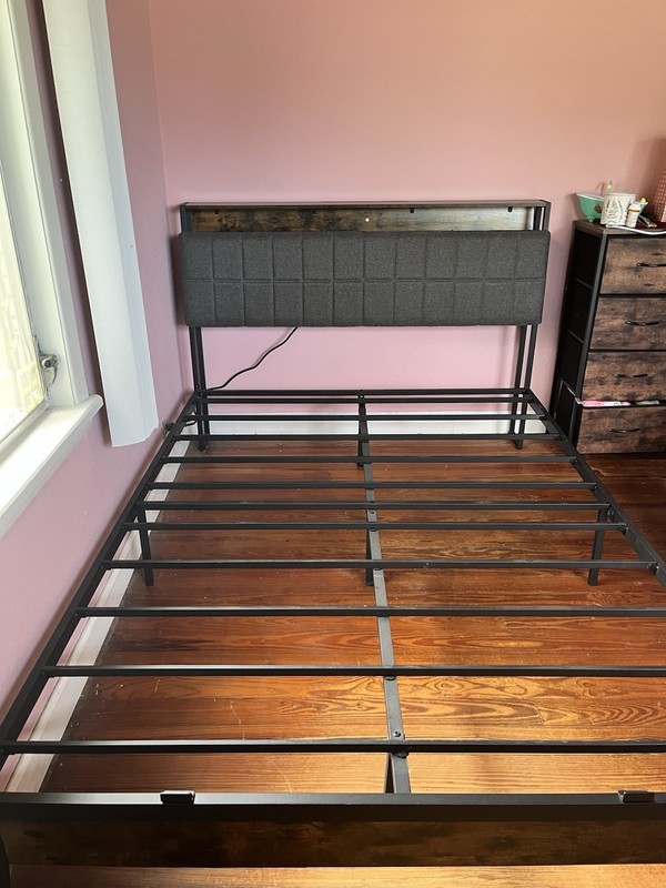 Full Metal Bed Frame w/ Upholstered Fabric Gray Headboard & Wooden Shelf