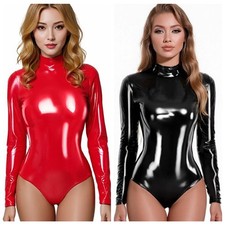 Women Romper One Piece Teddy High Cut Thong Tights Long Sleeve Leotard Clubwear