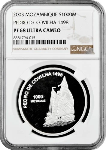 Mozambique 1000 meticais 2003, NGC PF68 UC, "Pedro de Covilha" silver coin