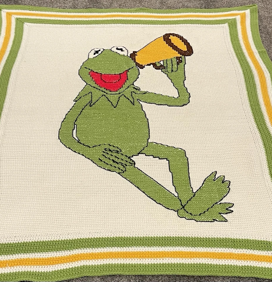 Vintage 1970s "Kermit The Frog" Crochet Handmade 51" x 64" Kids Afghan Throw - Image 4 of 4