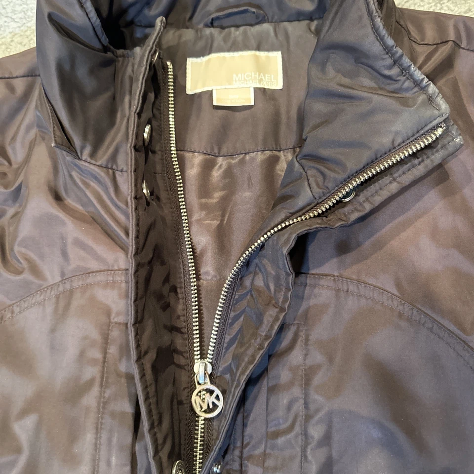 Parka para mujer Michael Kors marrón chocolate oscuro larga con capucha talla M mediana Foto 2 de 4