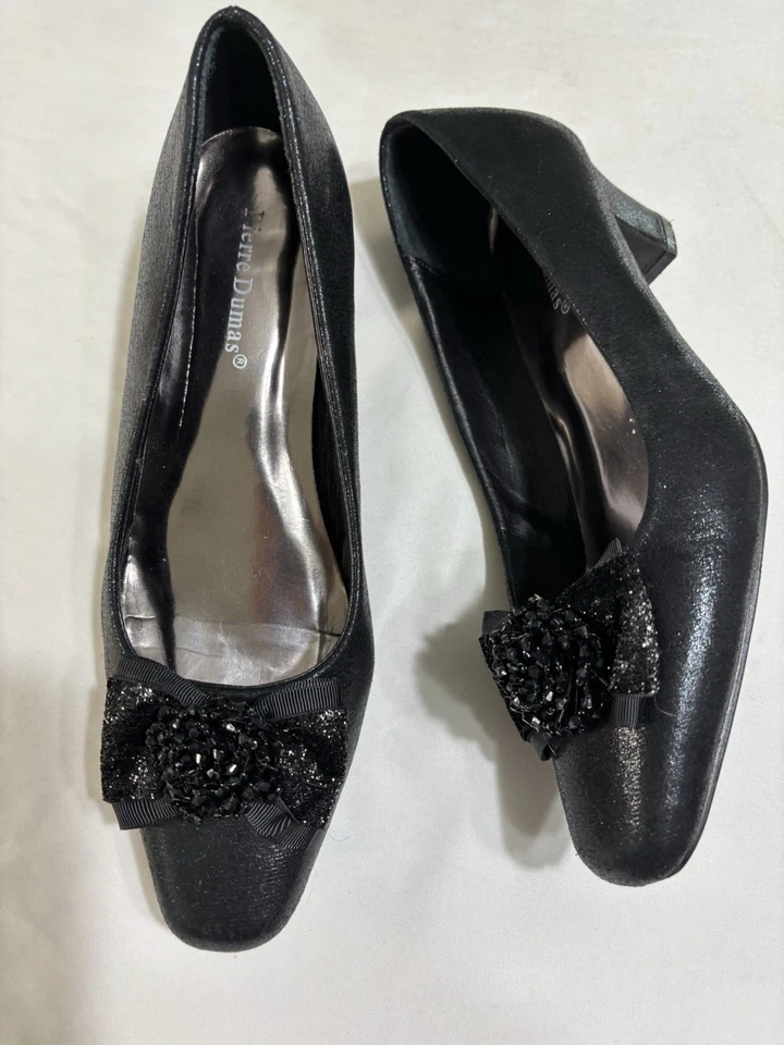 Pierre Dumas Black Shimmer Beaded Bow Top Heel Women’s 8.5 - Image 2 of 4