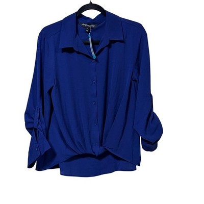 Montgomery Post Womens Royal Blue Twist Front Roll Tab Sleeve Blouse Small