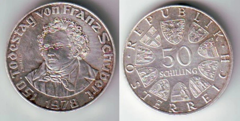 50 Schilling Silber Münze Österreich 150. Todestag Franz Schubert 1978 (112175)