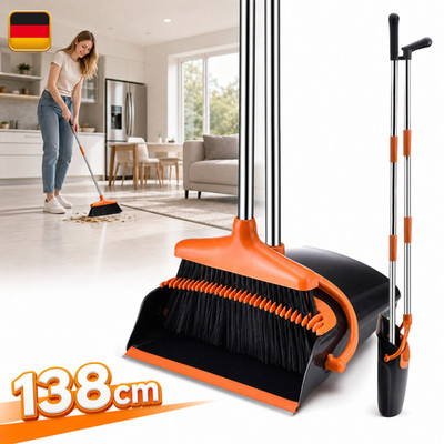 Besen Set mit Kehrschaufel 138 cm Kammzähnen langer Stiel Schwarz-Orange leicht