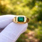 Natural Emerald Ring Mens 925 Sterling Silver Gold Plated Wedding Jewelry Ring