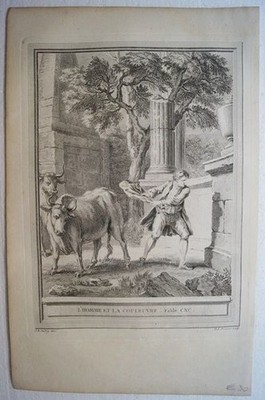 L´Homme et la Couleuvre. Fable CXC. Original Kupferstich von Jean-Baptiste Oudry
