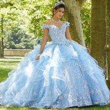 Light Beaded Ball Gown Dresses Lace Sequined Prom Gowns Tiered Sweep Train Tulle