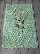 70s Vintage Baby Quilt Mint Green Diamond Quilted White Lace Trim Handmade
