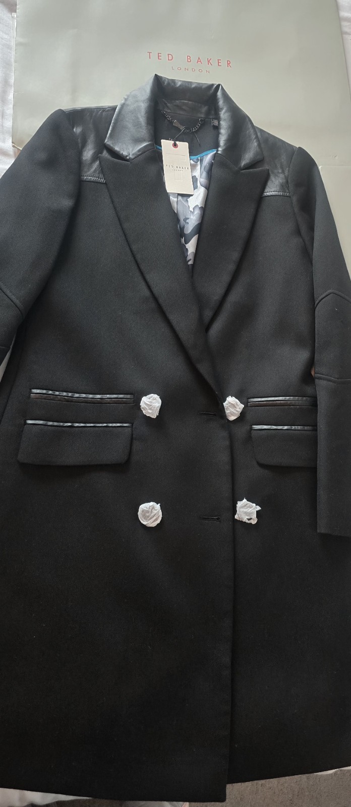 BNWT Ted Baker Women's UK Size 10 Long Trench Coat black Double Breasted Belted image 6