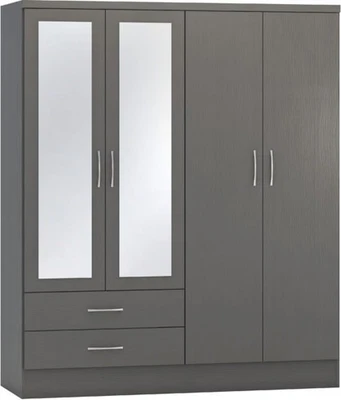 SECONIQUE Nevada 4 Door 2 Drawer Full Length Multi Doors Mirrored Wardrobe Large 3D Grey