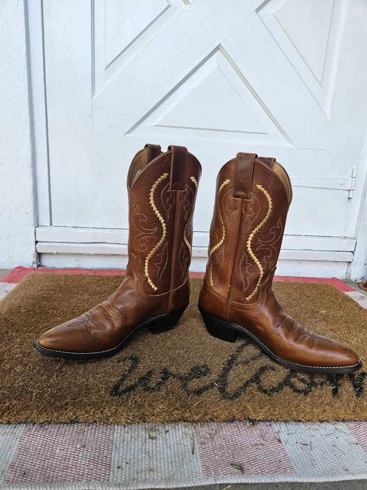 Botas vaqueras occidentales de cuero marrón Justin para mujer talla 6,5 B bordadas tostadas usadas en excelente estado Foto 2 de 4
