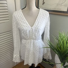 3.1 Phillip Lim Blouse 6 White Textured Peplum V Neck Long Sleeve Minimalist