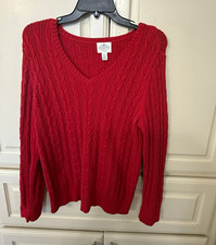 St. John's Bay Women  s Red Cable Knit V-Neck LS Pullover Sweater - Size PL