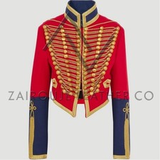 Womens Red Military Hussar Jacket Wool Gold Braid Cropped Slim Fit Parade