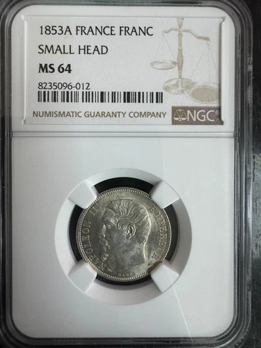 Napoleon III 1852-1870 - 1 Franc 1853 Paris - Top Population NGC Ms 64