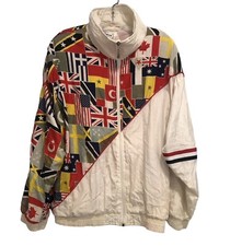 Y2K Nylon Windbreaker Track Jacket Country Flags Janeve Size Large Vintage 90s