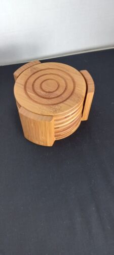 Set Of 6 Teak Wood Coasters Vintage With Holder Concentric Circle Design MCM - Picture 1 of 7