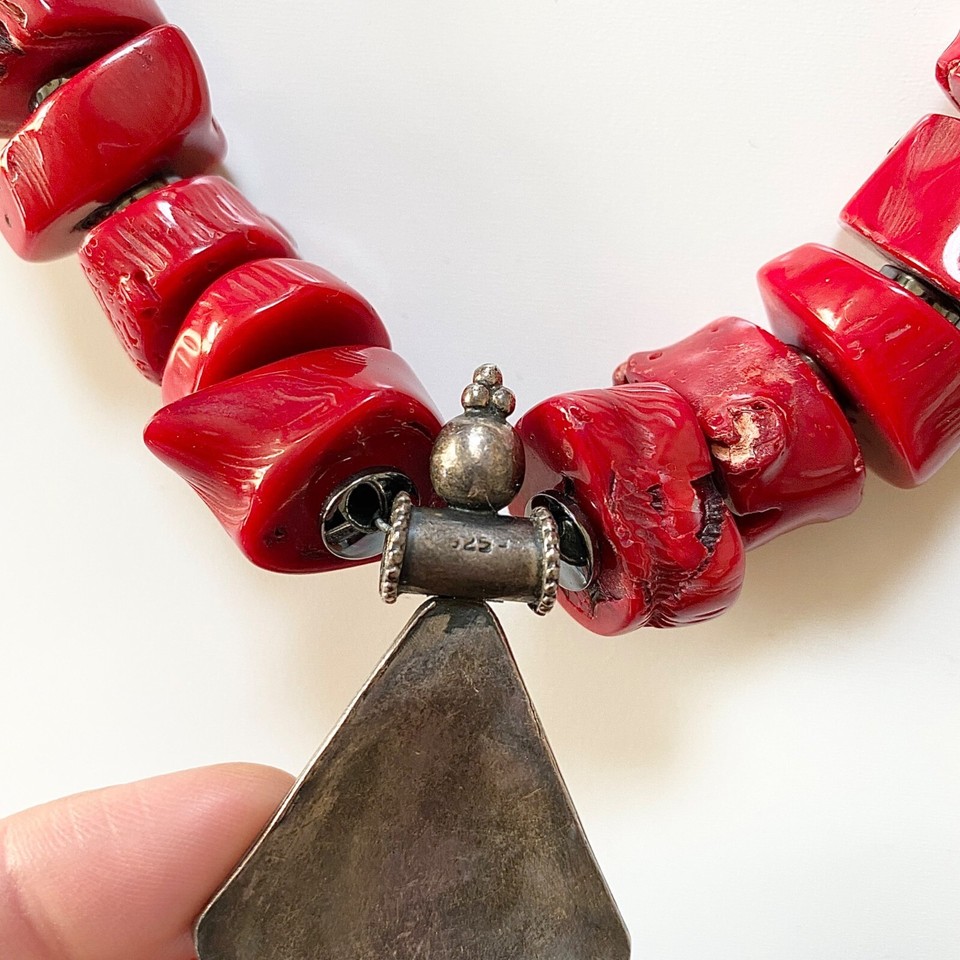 Vintage Chunky Blood Red Coral Sterling Silver Pendant Necklace 20" 10