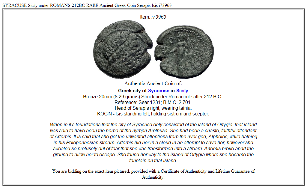 SYRACUSE Sicily under ROMANS 212BC RARE Ancient Greek Coin Serapis Isis ...